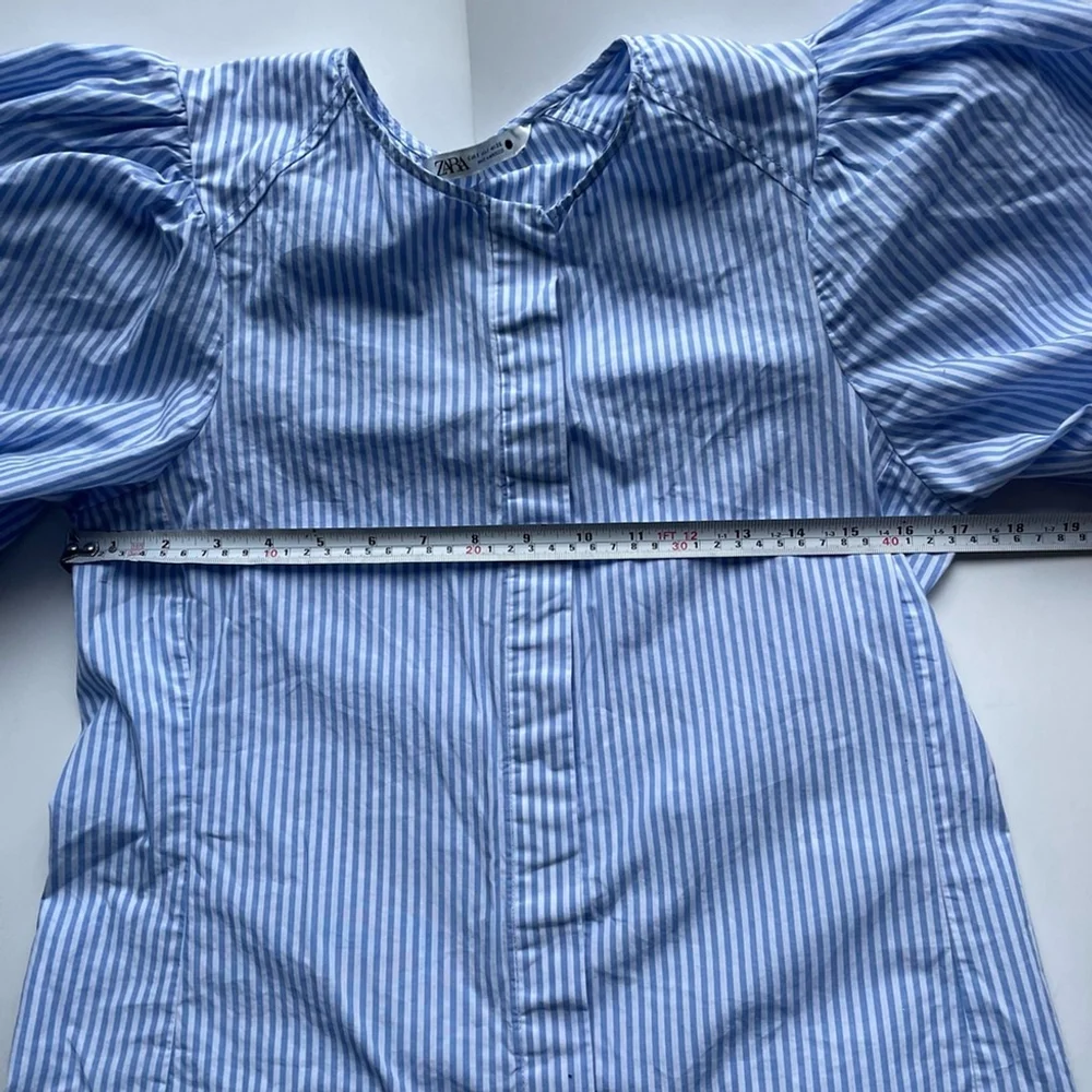 Zara Cotton Puff Sleeve Blouse Blue Stripe Small